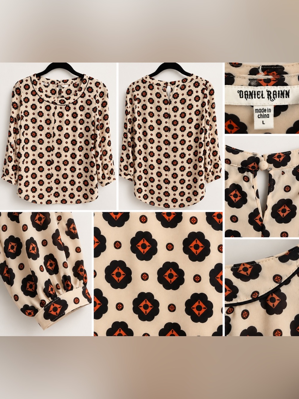 Daniel Rainn Cream Black & Orange Print Blouse Size L